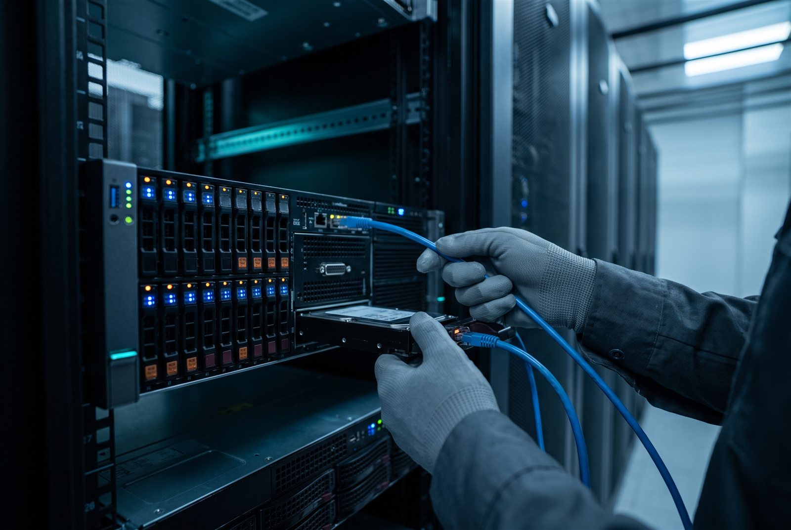 Technician servicing network and server equipment